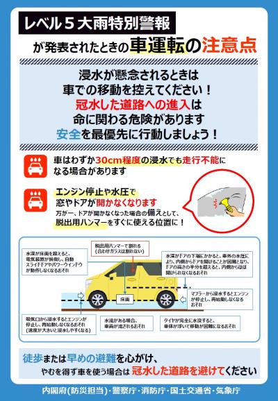 レベル5大雨特別警報が発表されたときの車運転の注意点